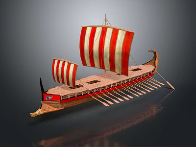 Ancient Wooden Ship with Red and White Striped Sails and Multiple Oars Curved Prow Design 3d model