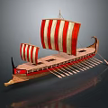 Ancient Wooden Ship with Red and White Striped Sails and Multiple Oars Curved Prow Design