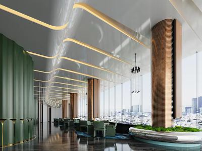 Modern Lounge Area With Green Walls Wooden Columns Large Windows City View And Hanging Lights 3d model