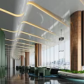 Modern Lounge Area With Green Walls Wooden Columns Large Windows City View And Hanging Lights