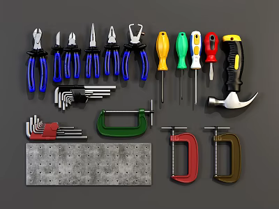 Assorted Hand Tools Collection With Pliers Screwdrivers Hammer Wrenches And Clamps 3d model