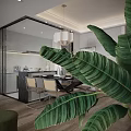 Modern Dining and Living Area Interior with Open Concept Table Chairs Pendant Light and Cabinets