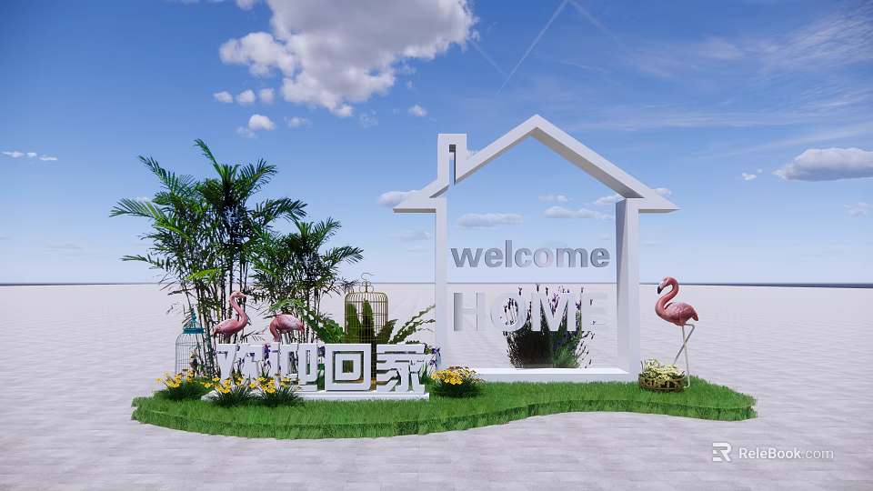 Floral Display for Welcome Home Scene With House Shaped Frame Green Plants and Flamingo Decor 3d model 
