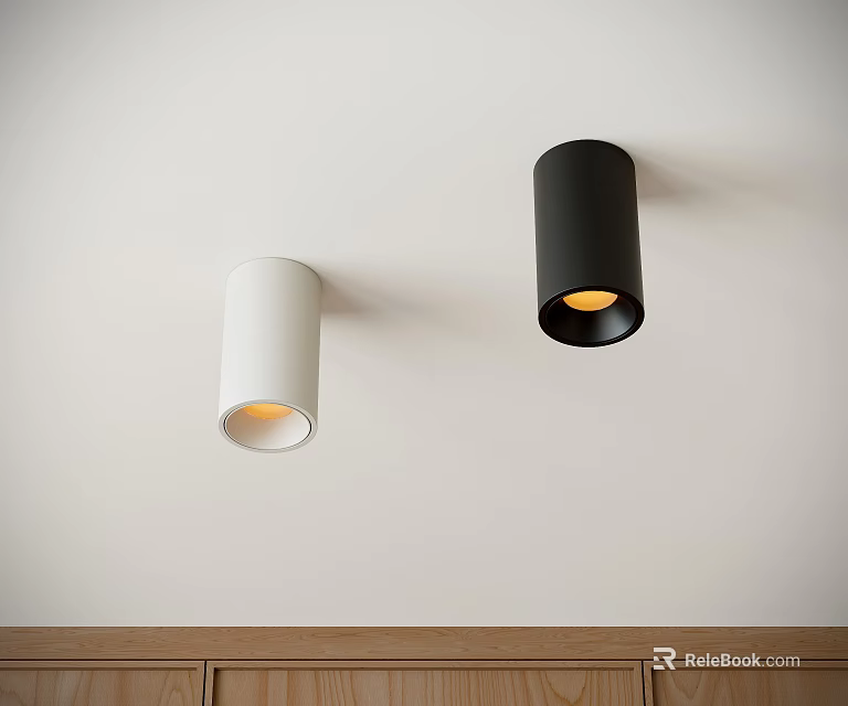 White And Black Wall Mounted Spotlights With Warm Light On White Wall Above Wooden Cabinet 3d model 