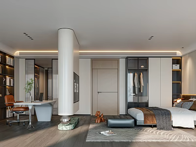 Modern Bedroom Interior Design With Wooden Floor Desk Chair Cabinet White Column And Geometric Rug 3d model