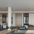 Modern Bedroom Interior Design With Wooden Floor Desk Chair Cabinet White Column And Geometric Rug