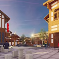 Traditional Architecture Commercial Street With Pedestrians Trees Red Lanterns And Evening Atmosphere
