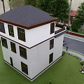 Modern Three Story Detached Villa Exterior With Lush Greenery And Palm Trees