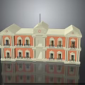 Red And White Three Story Building Model With White Roof Balconies Columns Flag And Reflection