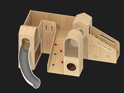 Wooden Kids Playground With Slide Climbing Elements And Colorful Markers 3d model