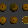 Six Ripe Oranges Including One Half Cut on Smooth Gray Surface with Reflections