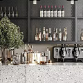 Modern Café Bar With Black Metal Shelves Bottles Terrazzo Counter Hanging Lights And Coffee Machines