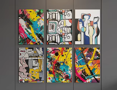 Colorful Abstract Paintings Collection With Vibrant Splashes Geometric Patterns And Shapes 3d model