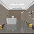Bright Kindergarten Lobby With White Reception Desk Colorful Stools Bookshelves And Decorative Paintings