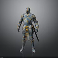 Medieval Knight Sword With Blue And Gold Ornate Armor Details