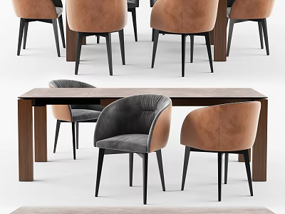 Modern Wooden Dining Table Set With Gray And Brown Leather Chairs 3d model