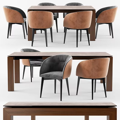 Modern Wooden Dining Table Set With Gray And Brown Leather Chairs 3d model