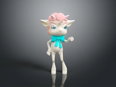 Adorable 3D Cartoon Creature Character With Pink Hair Horns Blue Bow Tie And White Body 3d model