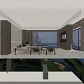 Modern Living Room Interior With Sofa TV Fireplace And City View Through Large Window