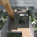 Modern Office Building With Glass Curtain Walls White Frame Structure Pedestrians Greenery And Wooden Walkway