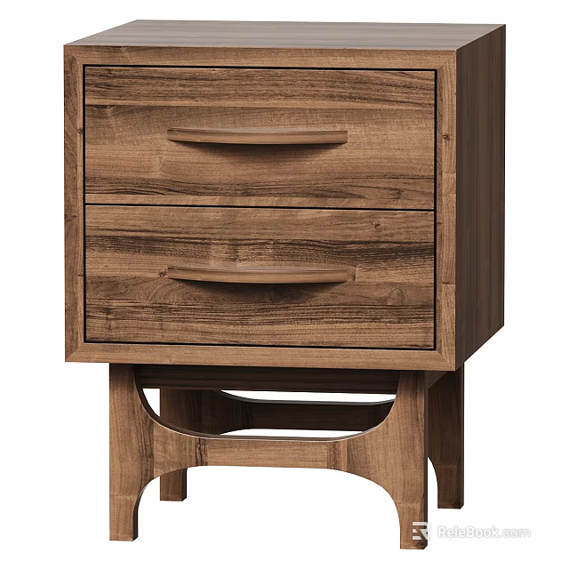 Walnut Wooden Bedside Table With Two Drawers And Curved Support Leg Design 3d model