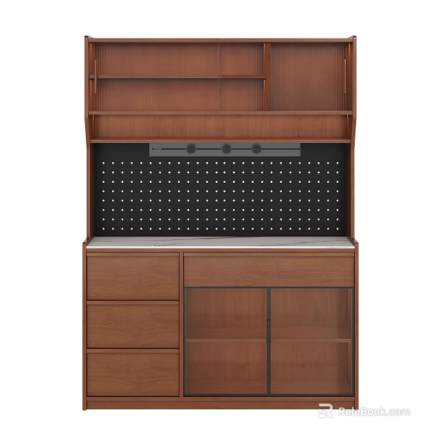 Modern Wooden Sideboard With Brown Cabinets Drawers Shelves Marble Countertop And Perforated Back Panel 3d model 