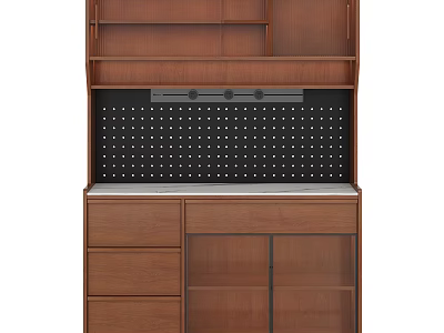 Modern Wooden Sideboard With Brown Cabinets Drawers Shelves Marble Countertop And Perforated Back Panel 3d model