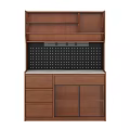 Modern Wooden Sideboard With Brown Cabinets Drawers Shelves Marble Countertop And Perforated Back Panel