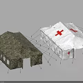 Camouflage Military And White Medical Tents With Red Cross Symbols Outdoor Field Setup