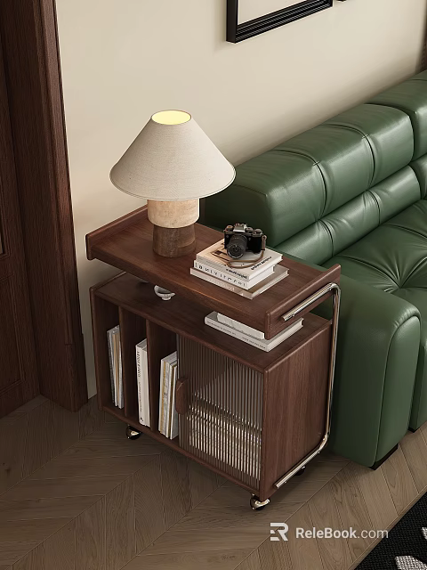 Wooden Tiered Side Table With Table Lamp Vintage Camera And Books By Green Leather Sofa 3d model 