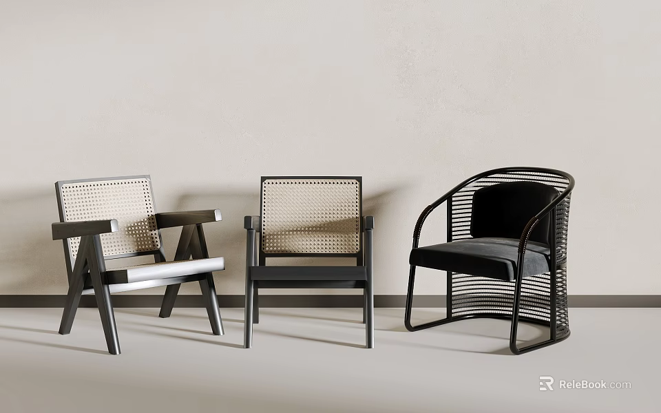 Modern Single Chairs Design With Rattan Weave Wooden Frame And Metal Structure 3d model 