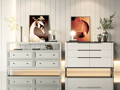 Modern Entryway Cabinet And Sideboard Interior With White Drawers Decorative Paintings And Vases 3d model