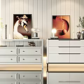 Modern Entryway Cabinet And Sideboard Interior With White Drawers Decorative Paintings And Vases
