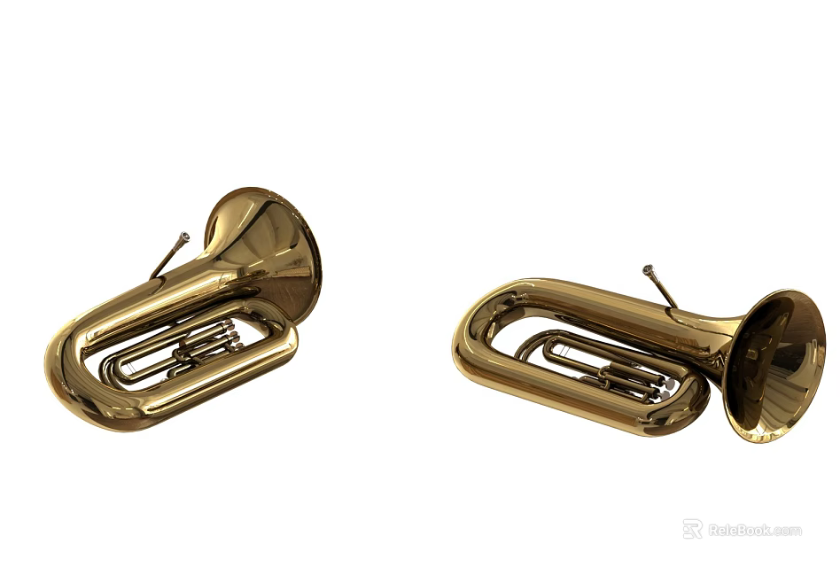 Two Golden Brass Musical Instruments With Curved Structure And Shiny Bell Mouth Design 3d model 