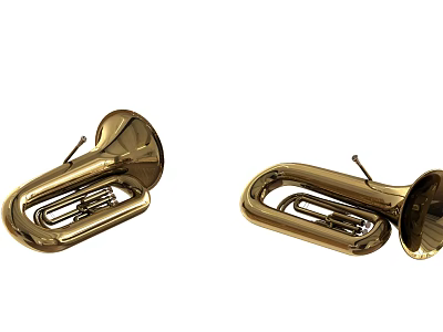 Two Golden Brass Musical Instruments With Curved Structure And Shiny Bell Mouth Design 3d model