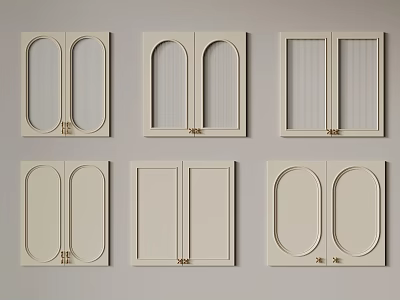 Cream Colored Cabinet Doors with Various Designs Arched Rectangular Oval Shapes and Golden Hardware 3d model