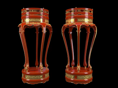 Traditional Red and Gold Ornamental Decorative Display Set with Carved Patterns and Ornate Legs 3d model