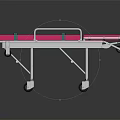 Mobile Medical Stretcher With Pink Mattress Metal Frame Green Straps And Lockable Wheels