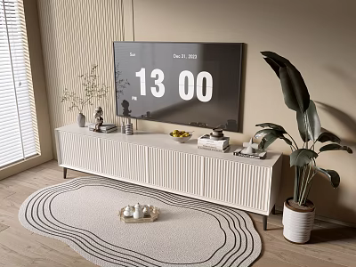 Modern TV Stand in Living Room with TV Decorations Green Plant and Area Rug 3d model