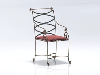 Stylish Single Chair With Decorative Metal Frame Curved Design And Red Cushion 3d model