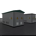 Public Utility Outdoor Substations with Green Roofs White Exteriors and Yellow Warning Signs