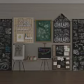 Artistic Chalkboard Walls With Hand Drawn Writings Easels Paints Musical Instruments And Art Supplies
