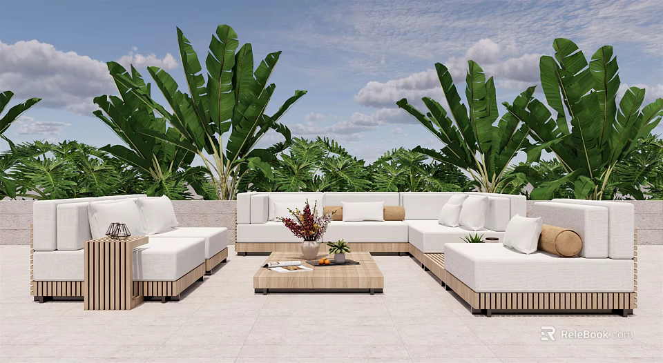 White Outdoor Sofa Set With Wooden Coffee Table And Green Plants In Patio 3d model 
