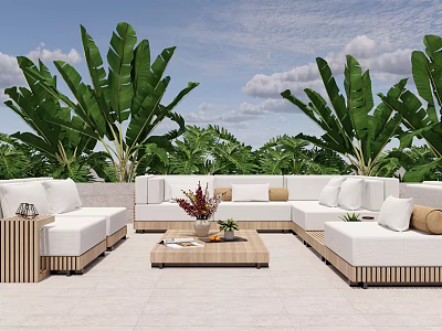 White Outdoor Sofa Set With Wooden Coffee Table And Green Plants In Patio 3d model