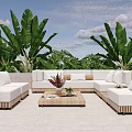 White Outdoor Sofa Set With Wooden Coffee Table And Green Plants In Patio