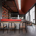 Modern Restaurant Interior With Red Bar Counter Wooden Chairs And Wine Racks