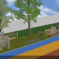 Kindergarten Playground With Trees White Wall Green Lawn Climbing Frames Colorful Ground And Children Playing