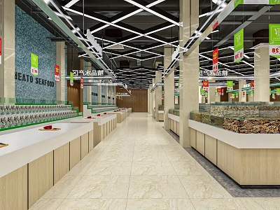 Modern Supermarket Grocery Store Interior With Shelves Colorful Promotion Signs and Healthy Food Section 3d model