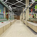 Modern Supermarket Grocery Store Interior With Shelves Colorful Promotion Signs and Healthy Food Section