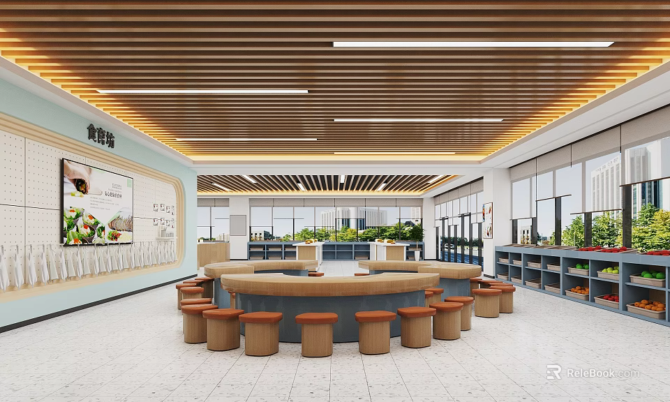 Spacious School Canteen With Bright Interior Round Dining Table And Stools 3d model 